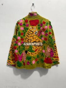 Hand Embroidered Vintage Breathable <b>Velvet</b> Safari <b>Jacket</b> <b>Women's</b> Wear Turn-down Collar Full Sleeve Solid Pattern Sheep Skin - Product Image 2