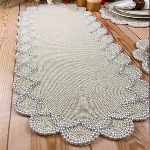 Gorgeous white and gold floral handmade beaded <b>table</b> <b>runner</b> with striking black outlined details, available at wholesale prices - Product Image 2