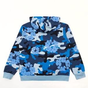 เสื้อฮู้ดซิปผู้ชายลายพรางสีน้ำเงินลายดอกไม้สไตล์ฮิปฮอปมีกระเป๋าจิงโจ้ - Product Image 2