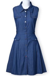Vestido Midi Azul Vaquero sin Mangas con Pliegues Escalonados, Estilo Espalda Descubierta con Botones Delanteros para Fiestas Casuales - Product Image 5