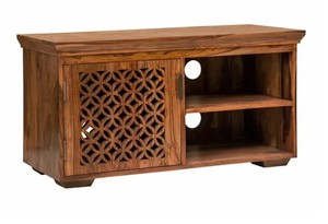 Meuble TV en bois massif sculpté géométriquement, fait main |   Petite console multimédia avec porte en treillis |   Exportation de Jodhpur - Product Image 6