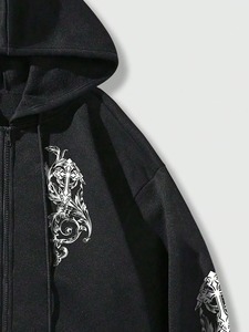 Sweat-shirt à capuche zippé gothique pour homme, coupe oversize, noir et blanc uni, manches régulières, en molleton bouclette respirant avec strass - Product Image 4