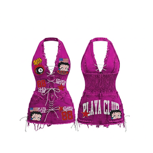 Body camisole violet à col licou sans manches avec empiècements et laçage frontal, style Y2K, pour femme, coupe ajustée, en Spandex/Polyester, idéal pour l'été - Product Image 6