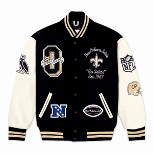 Wholesale Premium Quality Varsity <b>Jacket</b> Men Wool Blend Embroidered Patch Design Black Cream Preppy Style Autumn Wear <b>Jacket</b> - Product Image 3