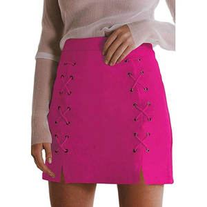 Minifalda ajustada de gamuza sintética con cordones y cintura alta clásica para mujer, color rosa intenso - Product Image 2