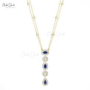 Collier Lariat Double Chaîne en Or Fin 14K avec Diamants Halo et Saphir Bleu Véritable 0.63CTW – Bijou Classique de Grossiste Vérifié - Product Image 2