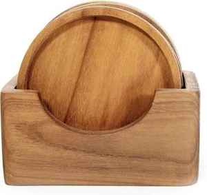 Acacia Coaster Set <b>Round</b> 5mm Thick Reusable Modern Design <b>Mats</b> & Pads Set of 4 with Acacia Stand - Product Image 1