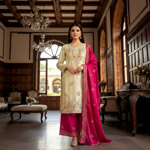 Ensemble Salwar brodé crème avec palazzo rose et dupatta – Tenue traditionnelle indienne et pakistanaise pour femme, idéale pour les mariages - Product Image 1