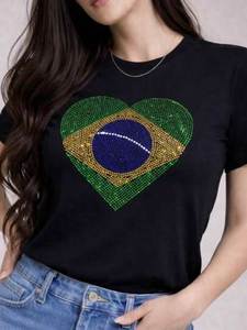 custom Brazil Flag Sequin Embroidery White Cotton T Shirt For Women Short Sleeve Round Neck Summer Casual Apparel Handcrafted - Product Image 5