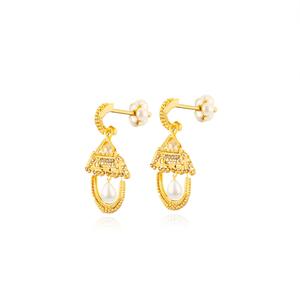 Gold Plated Pearl Hoop and Stud Earrings Classic Religious Geometric Design - Product Image 1