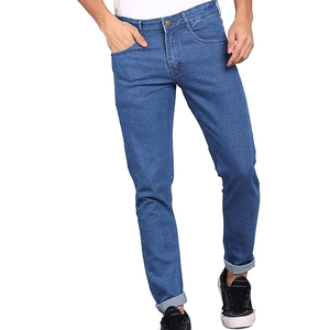 New Stylish Men's Slim Fit Lightweight High <b>Waist</b> Breathable <b>Elastic</b> <b>Waist</b> Casual Straight Denim <b>Jeans</b> 100% Cotton - Product Image 1