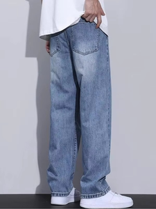 Jeans décontractés pour hommes de haute qualité, coupe droite, couleur unie, denim délavé léger, style vintage - Product Image 6