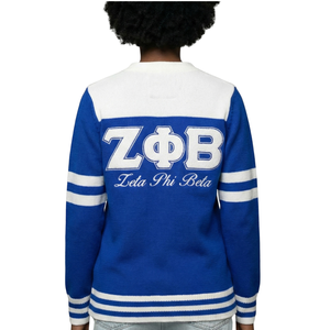 Cardigan universitaire Zeta Phi Beta 1920 pour femme, bleu et blanc, boutonné, en tricot, style veste de sororité avec poches - Product Image 4