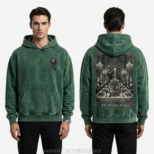 Sweat à capuche personnalisé vert foncé pour homme, en molleton épais, avec motif 'Vampire Feast', coupe oversize, style streetwear vintage, fournisseur - Product Image 1