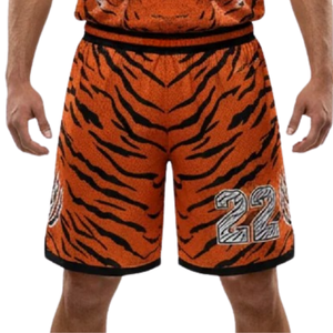 Ensemble de tenue de basket-ball à rayures de tigre pour hommes, maillot sans manches à col en V, short assorti, garniture contrastée, kit personnalisé avec nom et numéro de l'équipe - Product Image 6