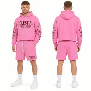 Ensemble de survêtement décontracté 2 pièces pour homme, rose, en coton, avec sweat à capuche imprimé graphique et strass, et short assorti, style streetwear - Product Image 2