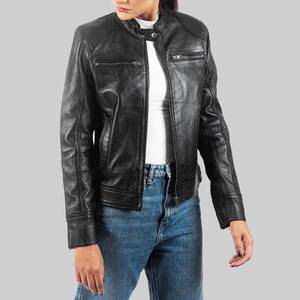 Veste en cuir véritable noire respirante pour femme Theresa, style Cafe Racer, avec col montant - Veste en cuir noire - Product Image 6