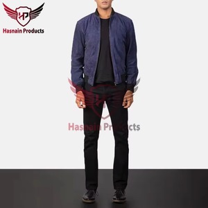 <b>Mens</b> Real <b>Suede</b> Leather Bomber <b>Jacket</b> Blue Ribbed Collar Zip Pockets Sheepskin Navy Casual Coat Custom Vintage Winter Outerwear - Product Image 3