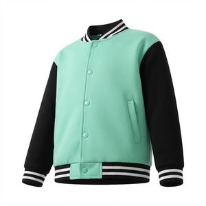 Chaqueta Varsity Verde Menta para Hombre, Mangas Negras, Cuello Alto, Cierre de Botones, Corte Ajustado Informal, Ropa de Invierno, Color Sólido - Product Image 2
