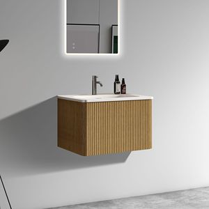 U055-Etna24W-306 bagno moderno lavello in ceramica bianca da 24 pollici a strisce in rovere naturale a parete galleggiante Pre-assemblato lavello in ceramica - Product Image 3