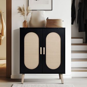Meuble à chaussures vertical moderne à 2 portes en panneaux de particules et rotin plastique, cadre noir, surface en rotin bois naturel, pieds hauts dorés - Product Image 6