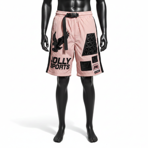 Pantalones cortos cortavientos de poliéster taslan premium de 130 GSM, color rosa con paneles laterales negros, parche de goma con bordado de logotipo personalizado para hombre. - Product Image 6