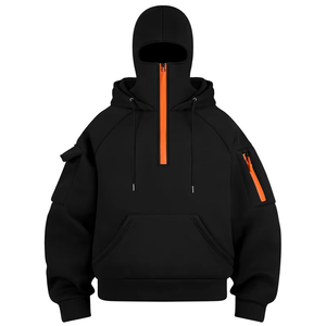 Sweat-shirt à capuche oversize noir pour homme, demi-zip, en polaire, couleur unie, respirant, pour l'automne, coupe classique, tissu tricoté - Product Image 1