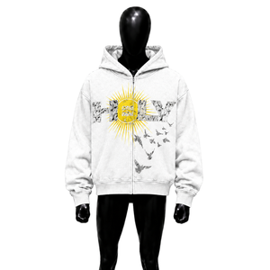 Sudadera con capucha blanca con estampado gráfico Holy Sun Bird, estilo vintage, oversize, streetwear, con efecto desgastado, informal, unisex, urbana - Product Image 1