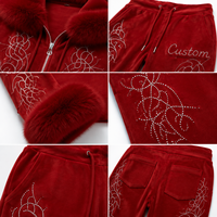 Ensemble personnalisé pour femme, sweat à capuche court zippé 100% coton, pantalon évasé, ornements en strass, bordure en fausse fourrure, manches longues, streetwear, hiver