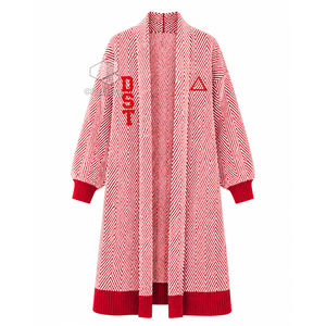 Delta | Sigma | Theta Sorority Women's Longline Herringbone Knit Duster <b>Cardigan</b> Open Front Embroidered Ribbed Cuff <b>Sweater</b> - Product Image 1