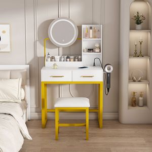 Tocador de dormitorio blanco, tocador, luces LED, toma de corriente de 3 colores, 2 cajones grandes, patas de Metal resistentes, tocadores de maquillaje de Metal - Product Image 1