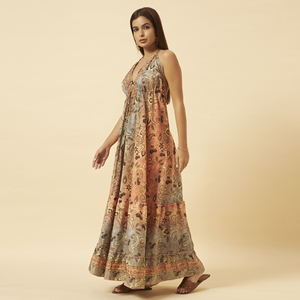 Robe longue décontractée pour femme, style bohème, imprimé cachemire, col en V, dos nu, coupe trapèze, tissée, respirante, pour soirée, été, plage, station balnéaire - Product Image 3