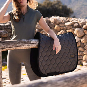 Quilted Horse Saddle Pad Grey with Black <b>Trim</b> and Logo Patch for Dressage Riding Horse Saddle Pad - Product Image 3