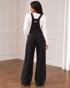 <b>Women's</b> Gray Denim Overalls Mid Waist Wide Leg Regular Fit Breathable Stonewashed with Pockets Zippers Formal Summer Style OEM - Product Image 3
