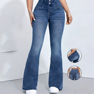 Jeans de Mujer de Cintura Alta, Corte Acampanado, Largos, Lavado a la Piedra, Estilo Casual, Color Sólido, Cierre de Botones, Corte Regular, para Otoño - Product Image 1