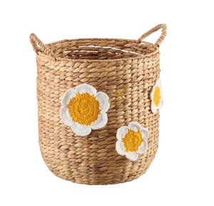 Cesta de Almacenamiento de Jacinto de Agua con Diseño de Flor de Margarita y Asas, Contenedor Organizador de Juguetes Floral Tejido, Cesto de Lavandería para Guardería - Product Image 1