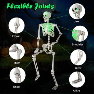 5.5ft Life-Size Halloween Skeleton Pre-Lit Green LED Lights (Eyes/Chest) Fully Poseable Joints PP+PE Halloween Decoration - Product Image 6