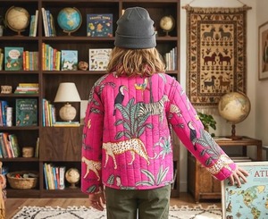 Veste en coton matelassée réversible rose pour filles, manteau tricoté à imprimé animal avec poche avant, manches trois quarts - Product Image 3