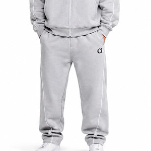 Custom Boxy Fit Drop Shoulder Zip Up <b>Hoodies</b> <b>Grey</b> Oversized Jogger Set Heavyweight Fleece 100% Cotton Piping Gym Sweatshirt OEM - Product Image 5