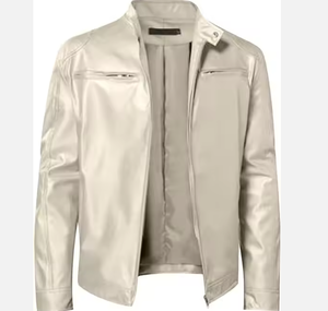 Veste de costume courte ajustée en cuir véritable pour homme avec col montant, manteau d'hiver - Product Image 1