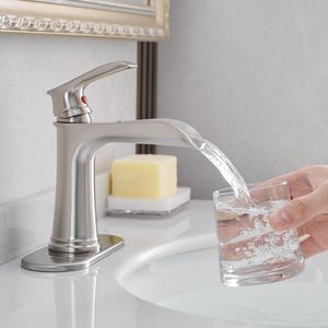 Rubinetto a cascata monocomando a 1 foro per lavabo con scarico a scomparsa, tubi di alimentazione, rubinetto per lavabo e piastra di copertura per bagno - Product Image 5