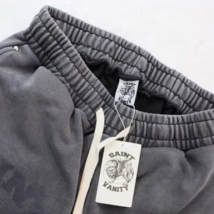 High Quality Rivet Mens 2 Piece <b>Set</b> American Acid Washed Breathable Letter Print Streetwear 100% Cotton <b>Knitted</b> Shorts Pants - Product Image 6