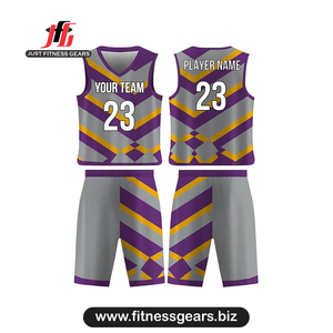 Ensemble de maillots de basket-ball personnalisés, violet, gris, jaune, sublimé, col en V, sans manches, unisexe, adulte, uniforme à séchage rapide - Product Image 1