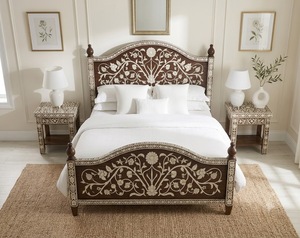 Traditional Solid Wood Bunk <b>Bed</b> <b>Frame</b> with Carved Floral Inlay King/<b>Queen</b> <b>Size</b> Platform <b>Bed</b> for Bedroom - Product Image 2
