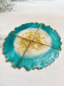 Teal White Resin Puzzle <b>Coaster</b> Set Gold Foil Flakes <b>Drink</b> Mat Four Piece Interlocking Countertop Protection Geode Serving Trays - Product Image 1
