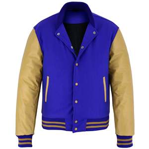 Chaqueta Varsity Azul Claro para Hombre, Mangas Blancas de PU, Estilo Casual, Cuello Camisero, Cierre de Cremallera, Corte Regular, para Primavera - Product Image 5