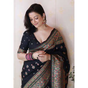 Shivani's Jade Black Pashmina Kashmiri Silk Saree with Zari Woven and <b>Ethnic</b> <b>Scarves</b> & <b>Shawls</b> - Product Image 2