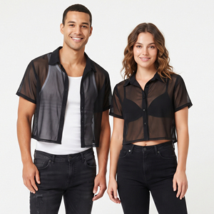 Unisex Sheer <b>Mesh</b> Button Down <b>Shirt</b> Short Sleeve Transparent Casual Crop Top Spring Summer Fashion Style See Through Crop <b>Shirt</b> - Product Image 1