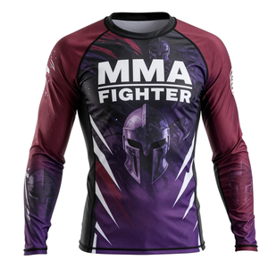 Camiseta de compresión de manga larga para luchador de MMA, diseño de sublimación de manga completa, secado rápido, morado, rojo, negro. - Product Image 3
