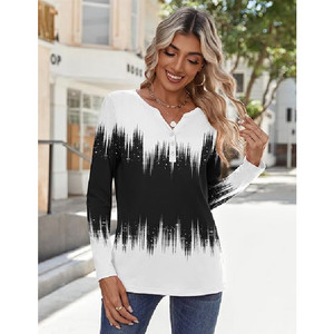 Blusa de Mujer con Cuello en V, Estampado Degradado, Manga Tres Cuartos, Corte Holgado Informal, Top de Primavera/Verano, Tejido Popelina Transpirable - Product Image 5